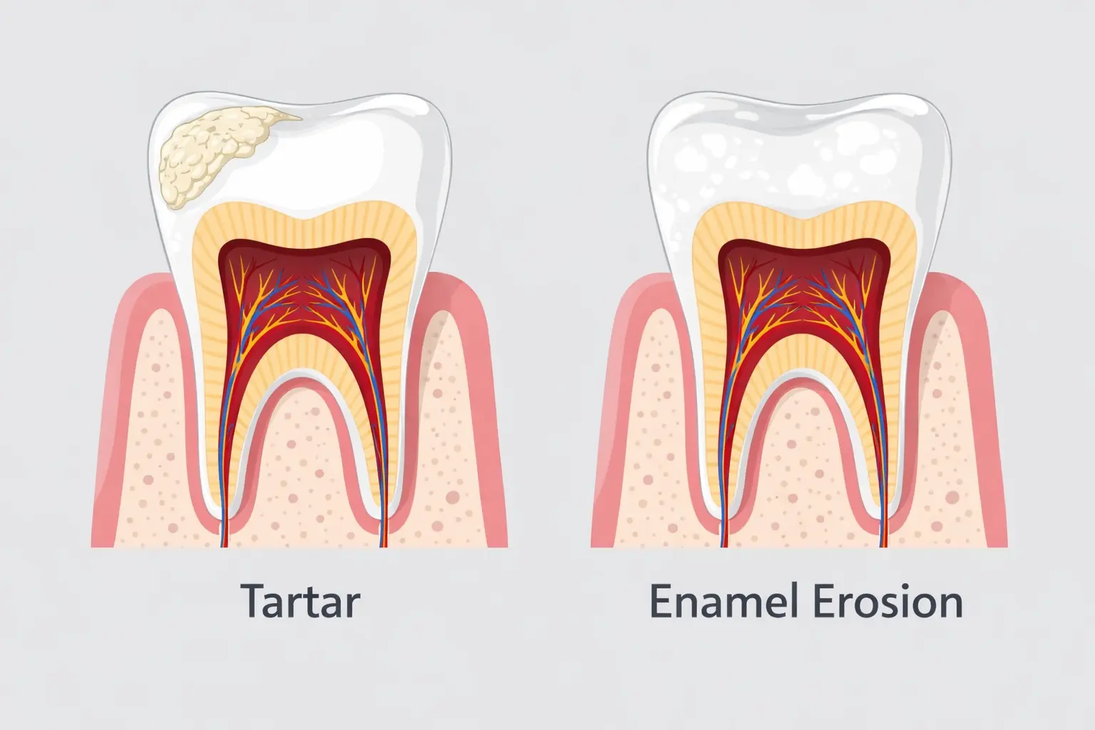 Calcium deposits vs enamel erosion: visual comparison showing white spots on teeth and tartar buildup