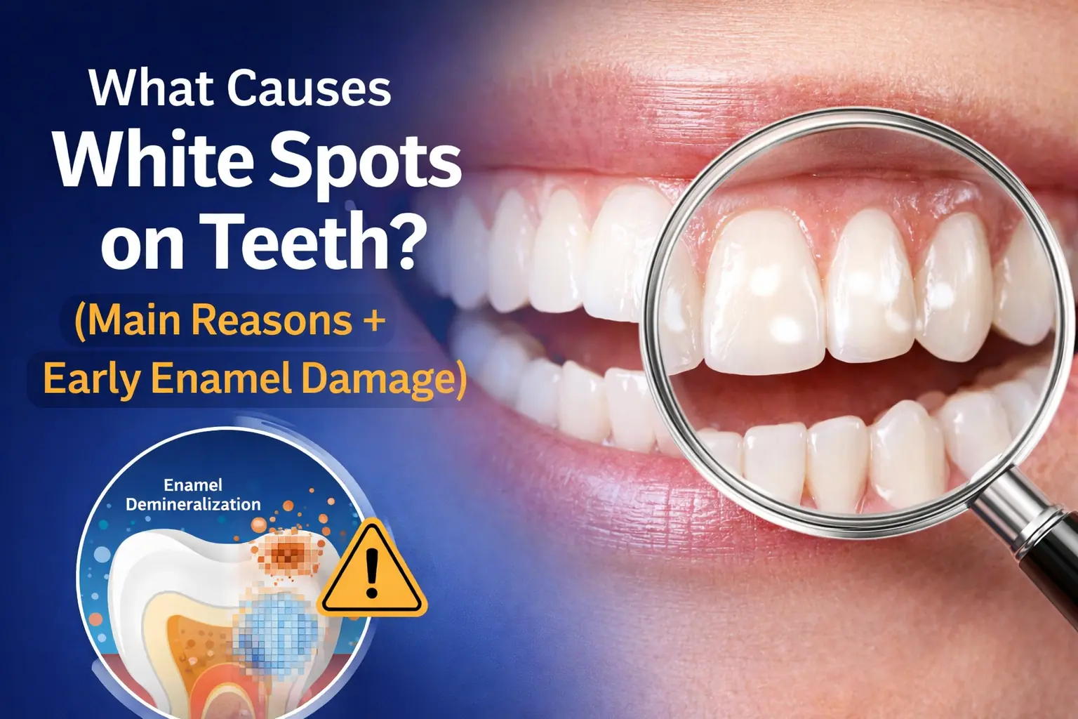 White spots on teeth caused by early enamel demineralization close-up